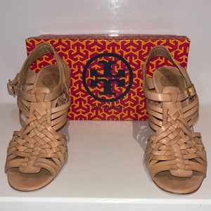Tory Burch beige, weaved, high heel sandal.